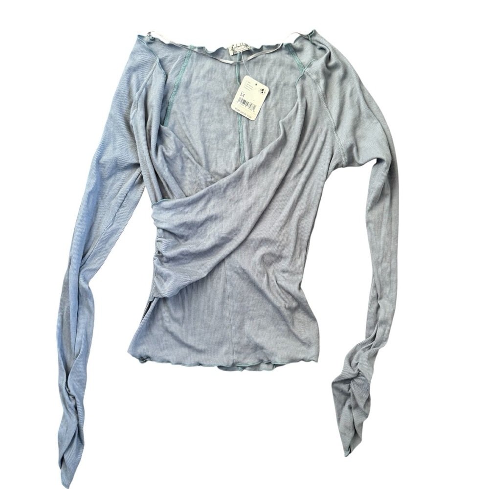 NWT Free People Light Gray Galvanized Ribbed Wrap Women's Blouse Medium